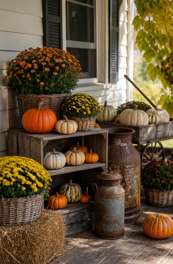 A rustic porch with a crate of pumpkins, vintage milk cans, and hay bales.