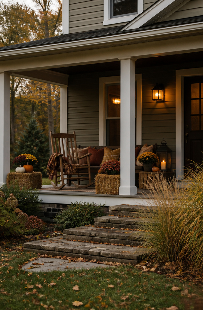A porch with a rocking chair, a bench, and a wool blanket.