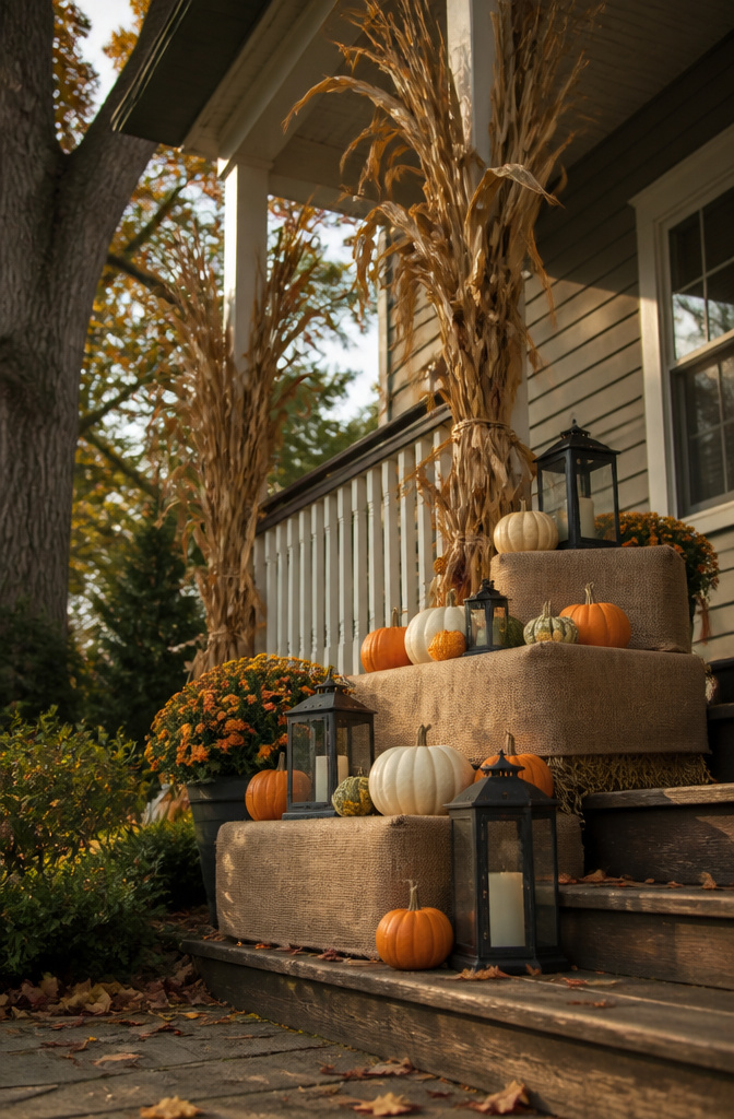 Cornstalks tied to a porch railing with hay bales and pumpkins.