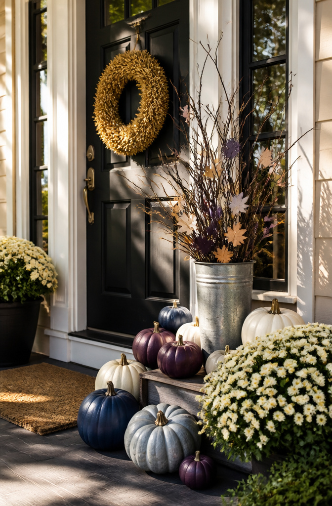 Painted pumpkins and cream mums against a black door with a gold wreath.