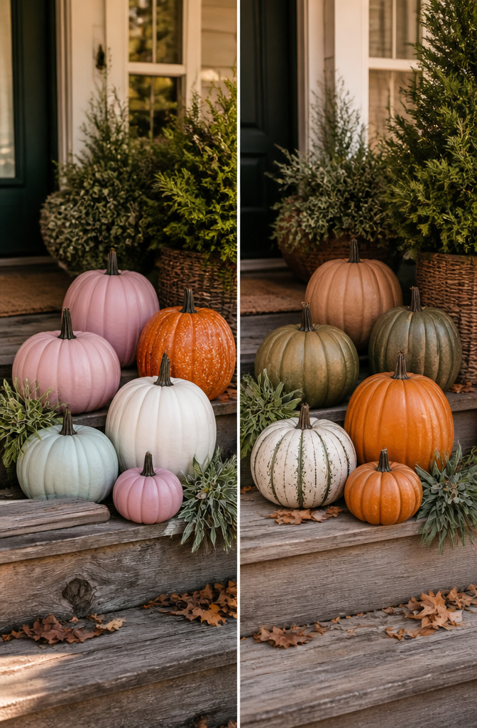 Colorful foam pumpkins displayed on a porch.