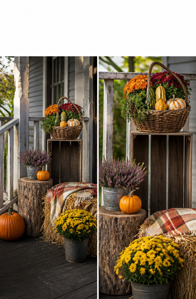 A porch display with varied heights using crates, hay bales, and pumpkins.