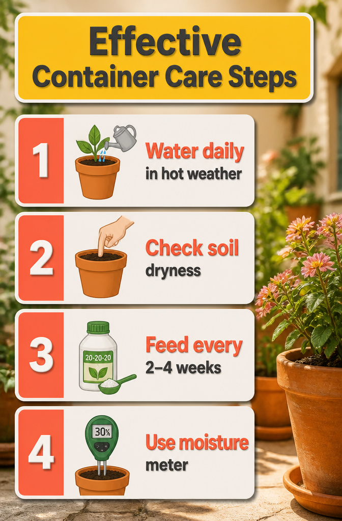 A chart outlining effective container care steps for plants.