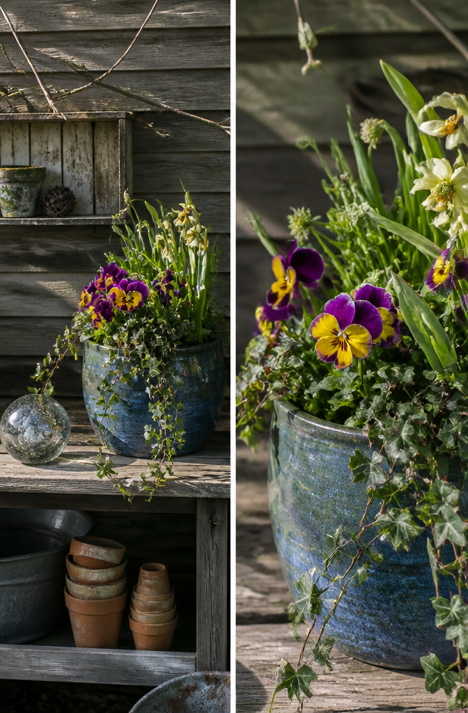 A pot with pansies, daffodils, and ivy showing seasonal plant combinations.