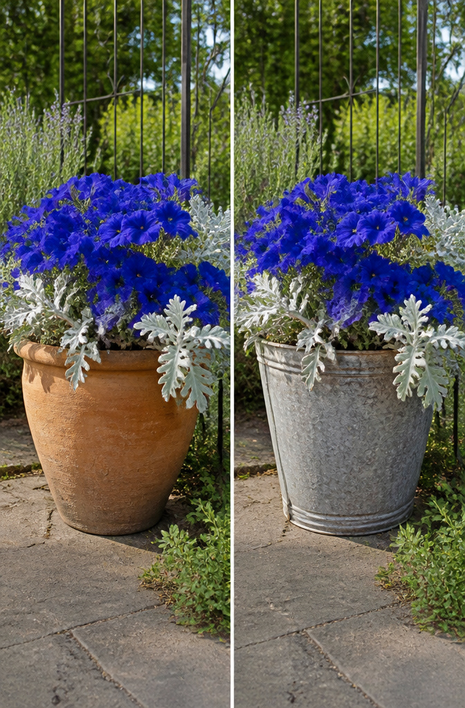 A pot featuring sapphire blue petunias and dusty miller leaves.