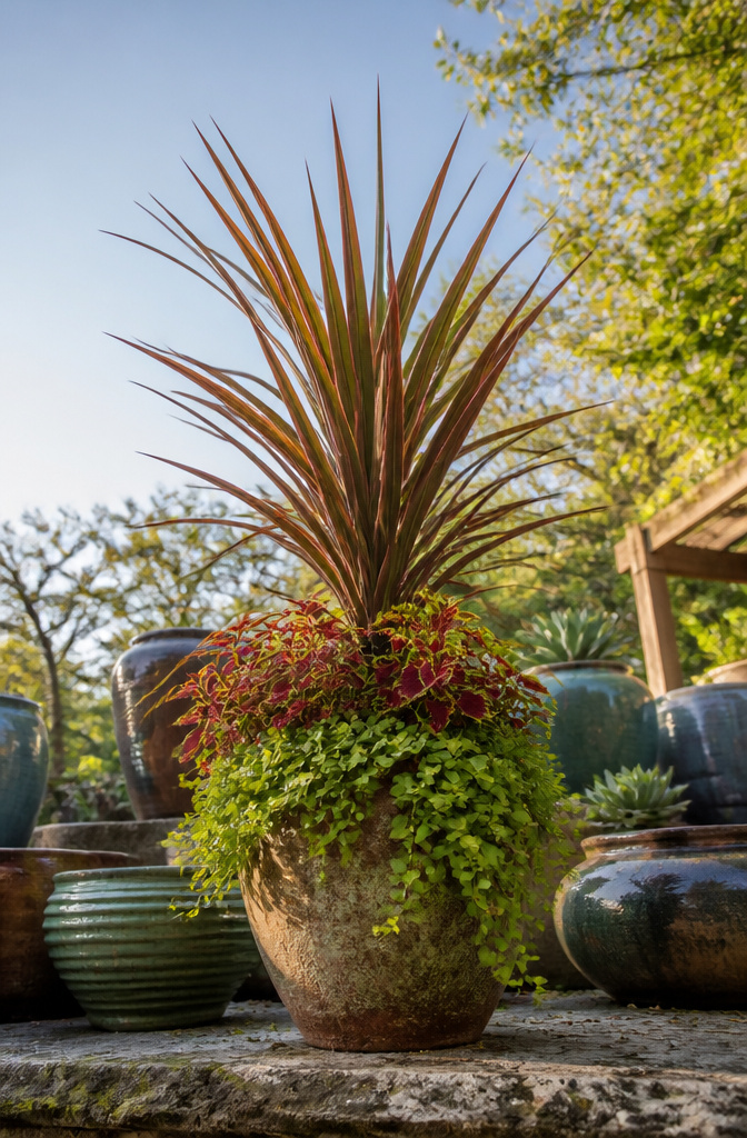 A pot with a tall dracaena, coleus, and creeping Jenny arranged inside.