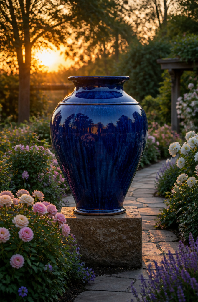 A large urn positioned along a garden path for visual interest.