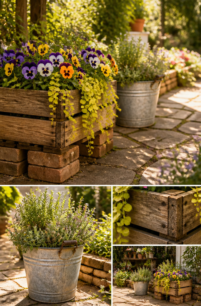 A galvanized bucket used as a planter with soil and plants inside.