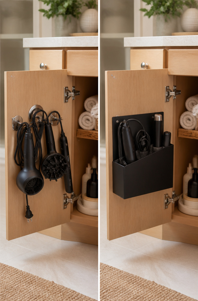 A collection of DIY and repurposed storage ideas for hair tools.