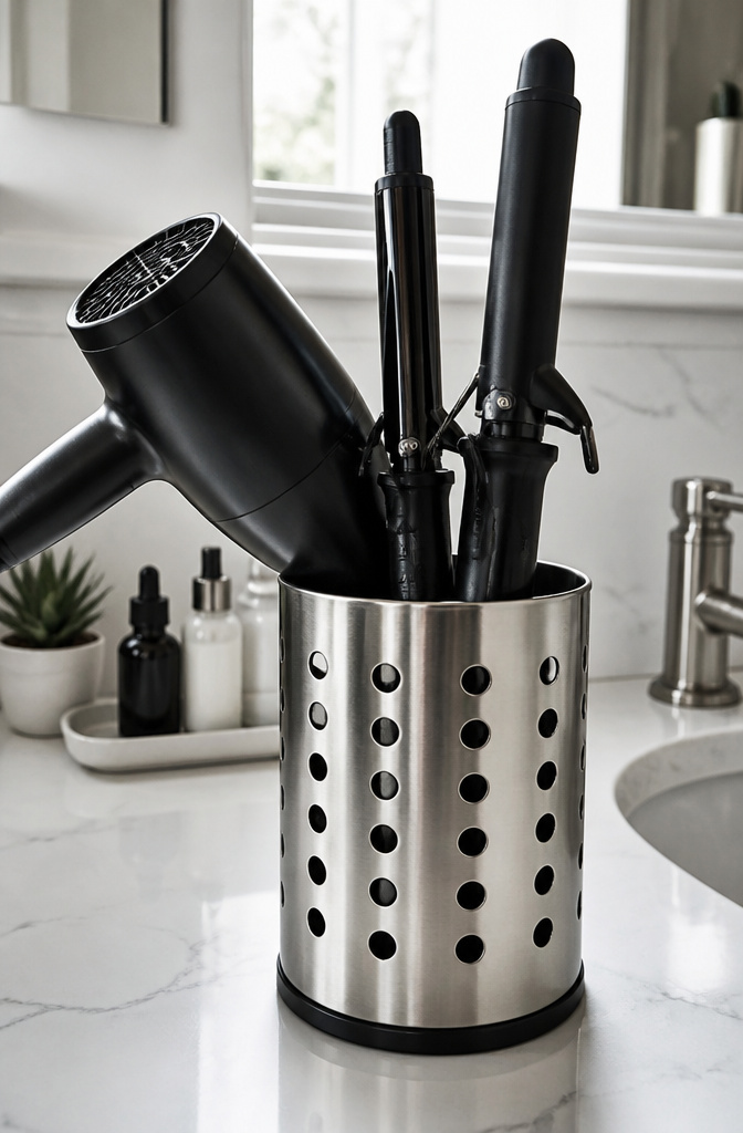 A stainless steel utensil holder on a counter holding hair styling tools.