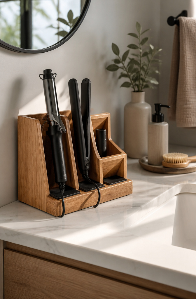 A wooden organizer with slots for hair tools on a bathroom countertop.