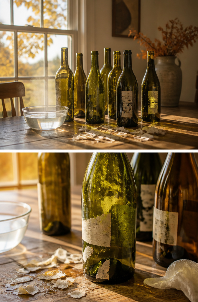 Three empty wine bottles soaking in warm water for label removal.