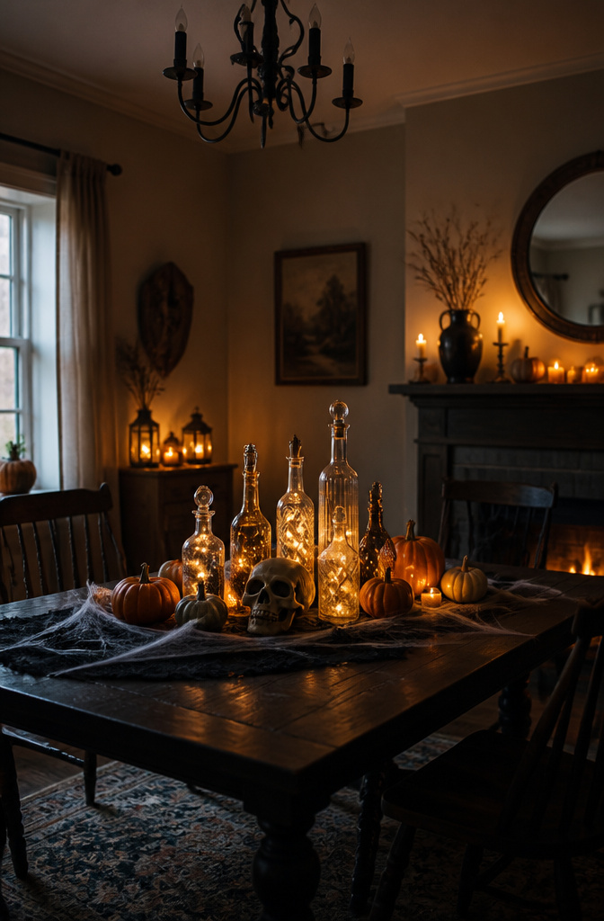 A display of potion bottles arranged with decorative elements and lighting.