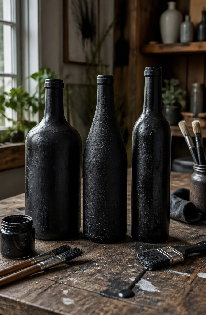 Three black-painted bottles with varying textures on a workbench.