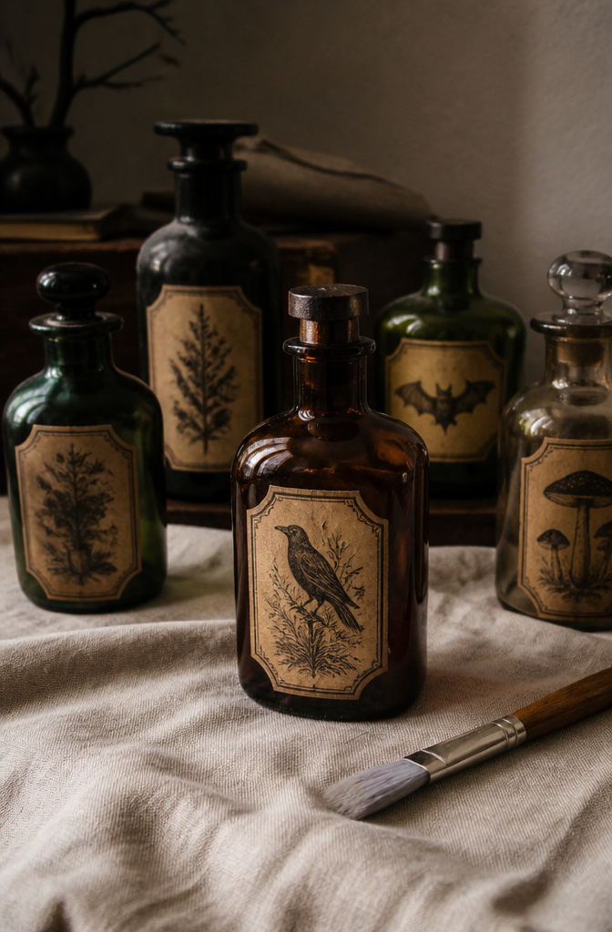 Potion bottles with detailed labels resting on a textured linen backdrop.