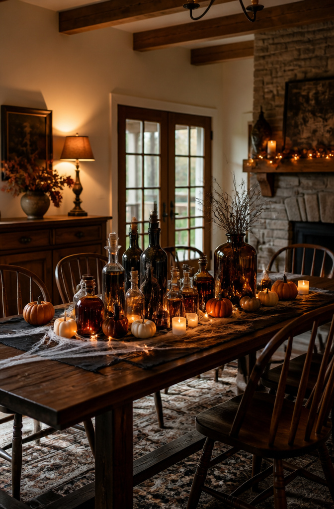 A cluster of Halloween potion bottles arranged on a shelf.
