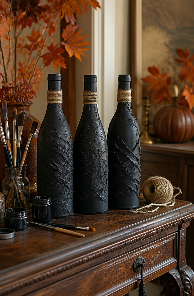 Three painted wine bottles with twine on an antique side table.
