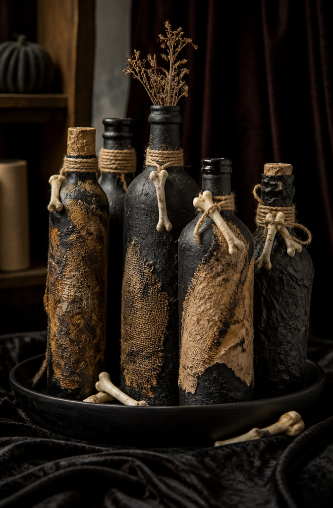 A set of mixed media bottles displayed on a dark velvet backdrop.