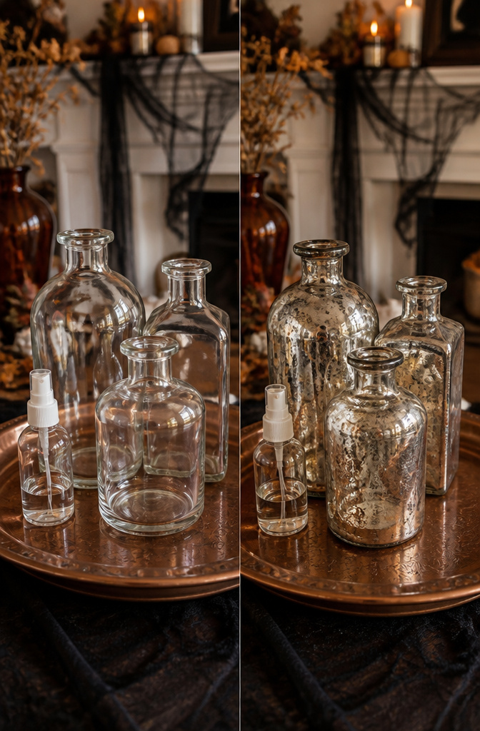 Bottles with a mercury glass effect created using specific spray paints.