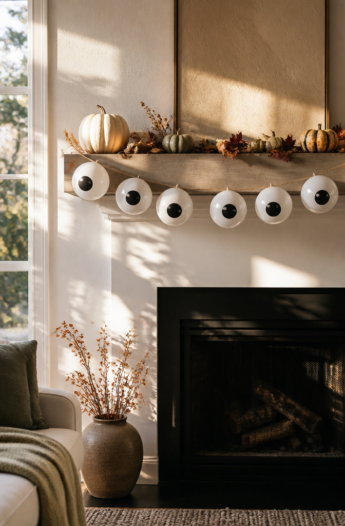 White balloons with black pupils form a garland on a decorated mantle.