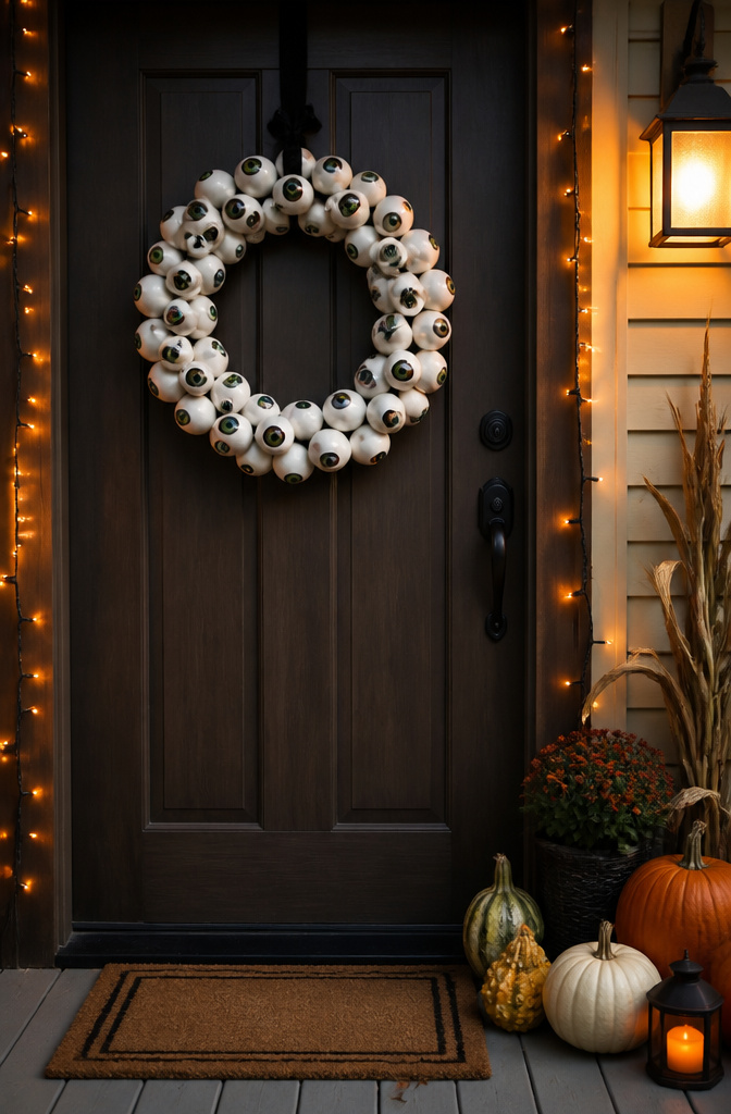 A vine wreath adorned with ping pong ball eyeballs and craft glue.