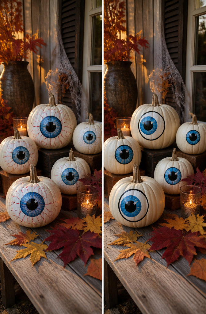Medium sugar pumpkins with painted eyes arranged on a surface.