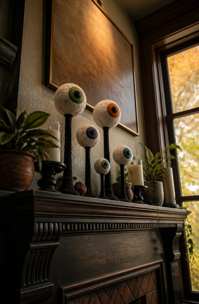 A sculpture made from felt and plastic eyeballs on a table.