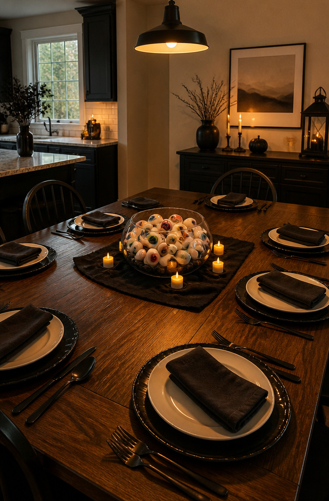 A glass bowl with eyeballs and LED tea lights as a Halloween centerpiece.