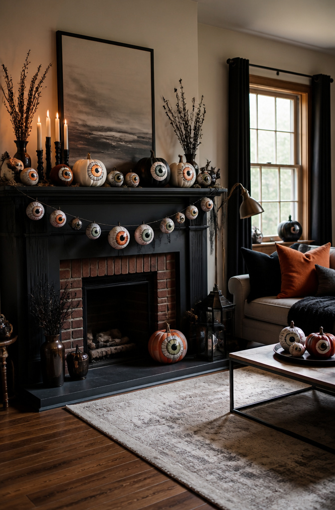 Eyeball garlands and decorations are strategically placed around a home.