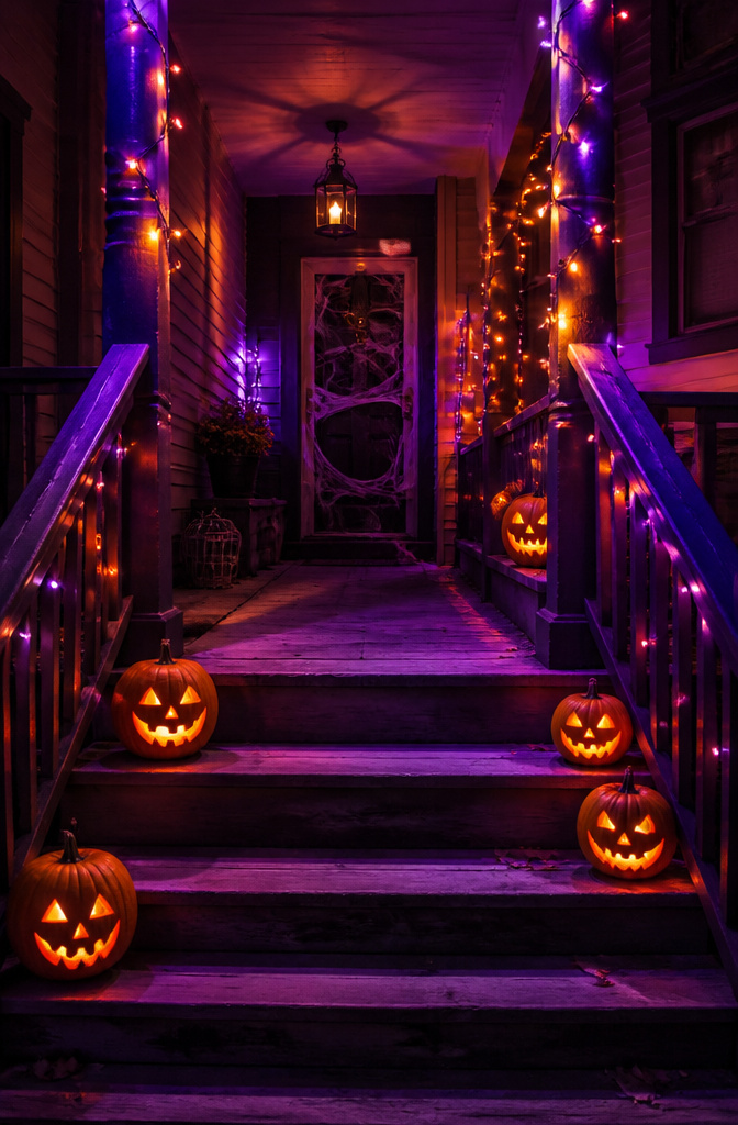 A porch decorated with orange and purple Halloween lights.
