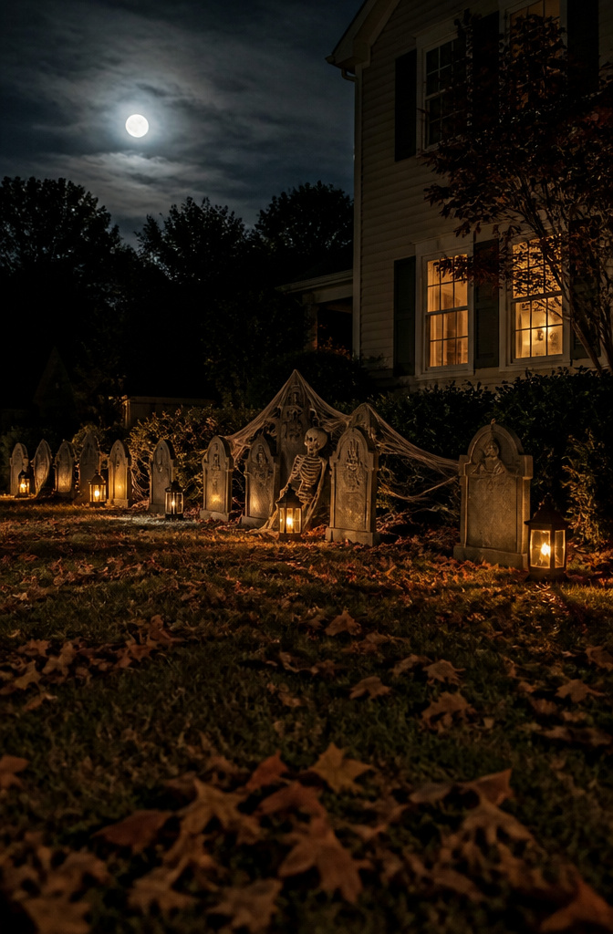 Outdoor Halloween decorations including yard signs and tombstones.