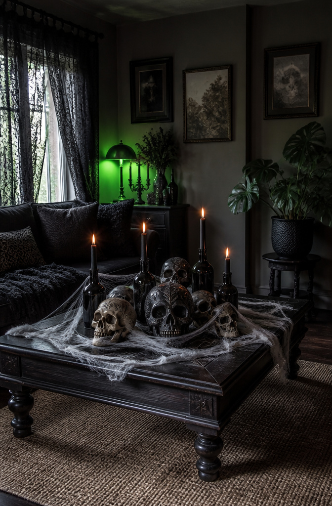 Indoor Halloween decor featuring black lace curtains and skulls on a coffee table.