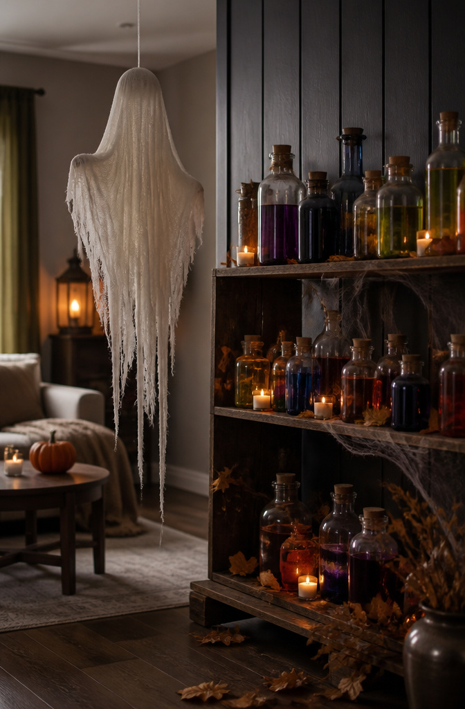 Homemade potion bottles and a ghost made from cheesecloth.