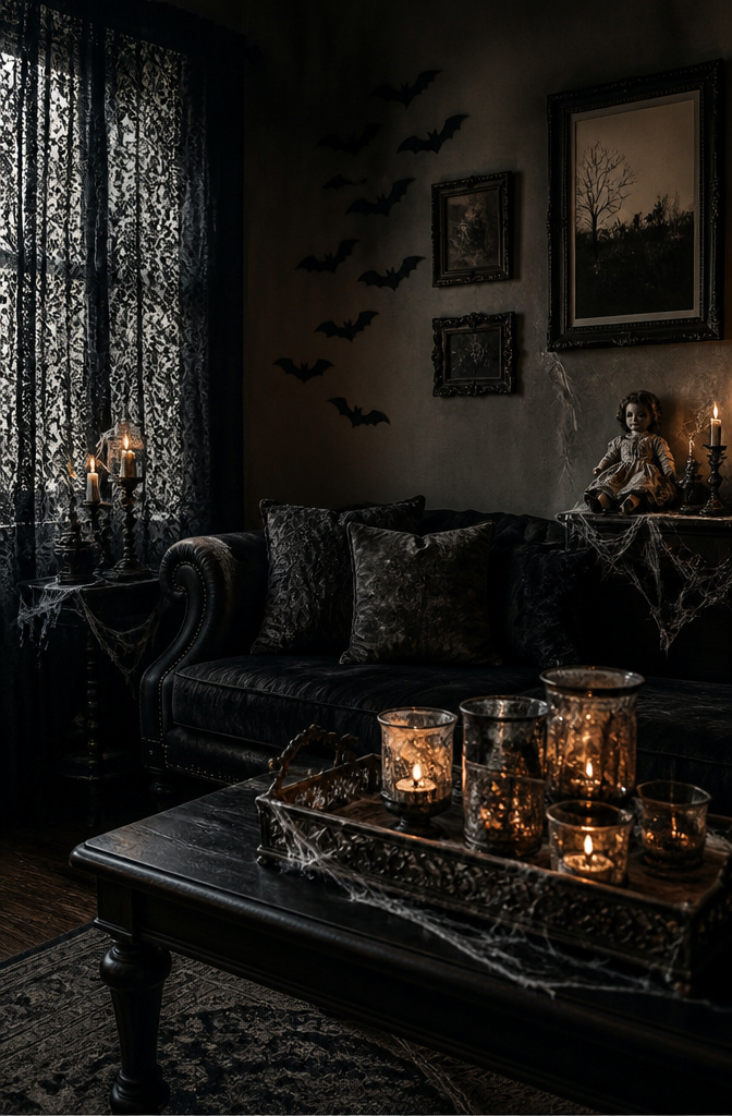 A gothic-themed room with black lace curtains and flickering candles.