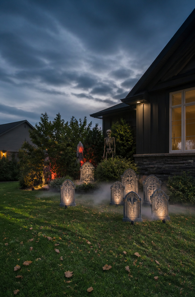 Halloween decorations anchored securely to withstand outdoor conditions.