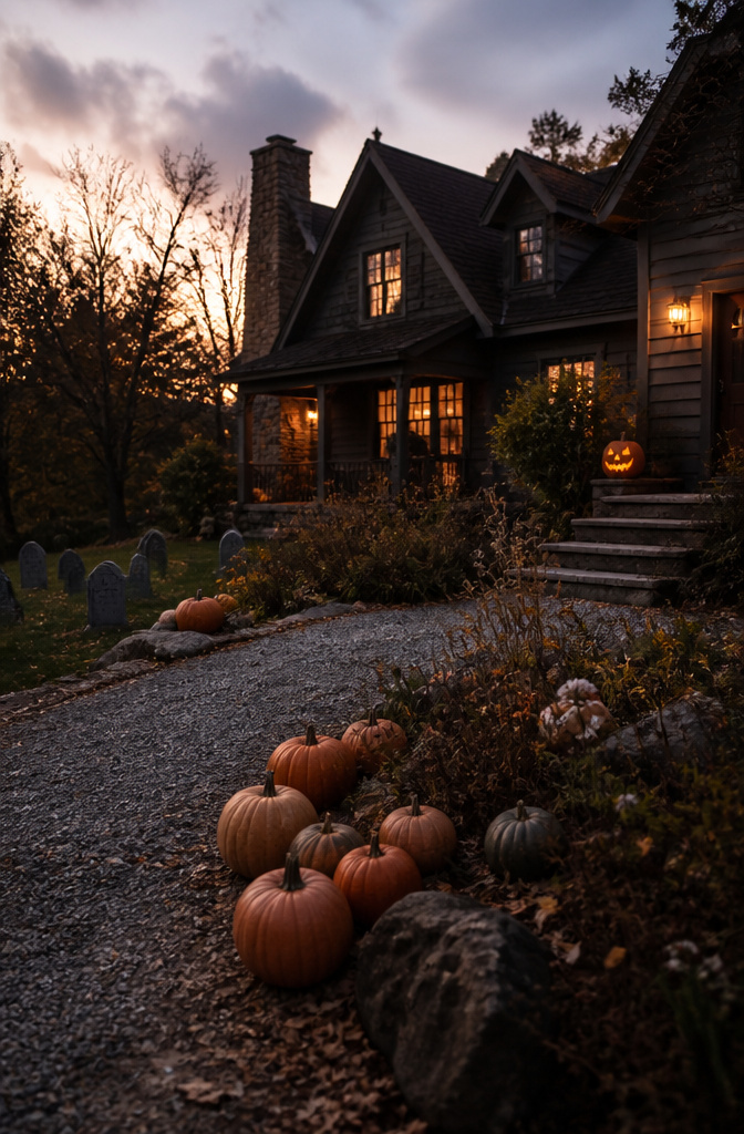 Carved and uncarved pumpkins arranged on a porch for Halloween decoration.