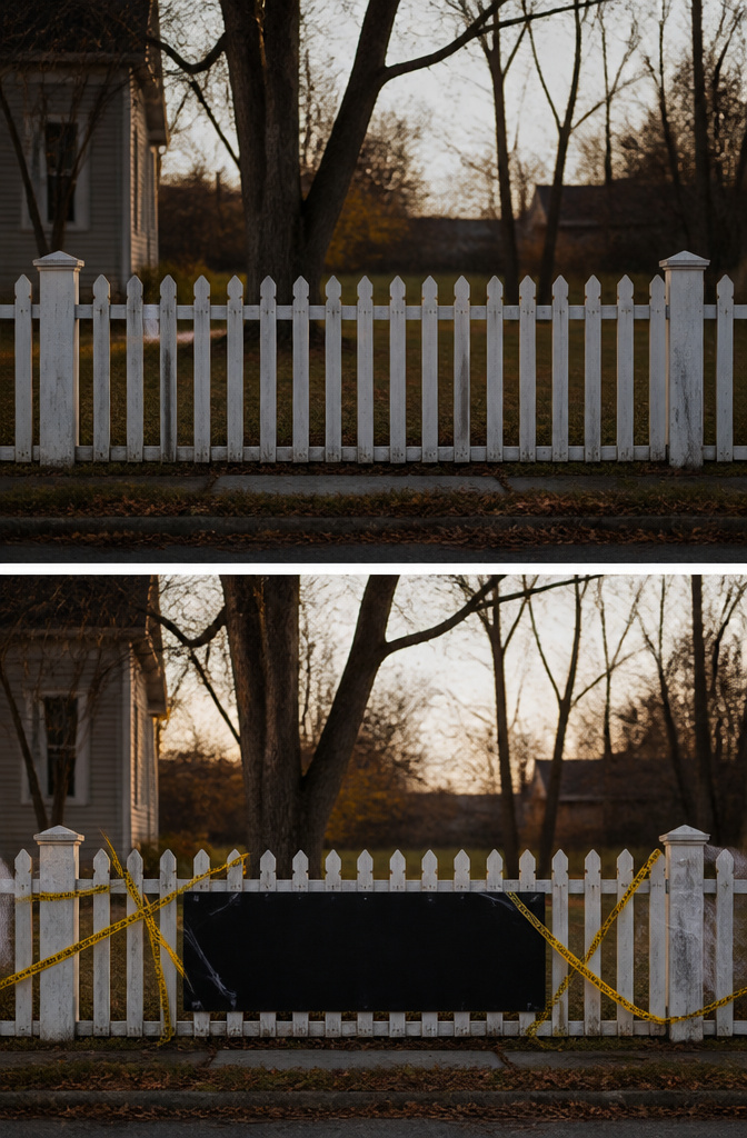 A Halloween yard display with a humorous warning sign.
