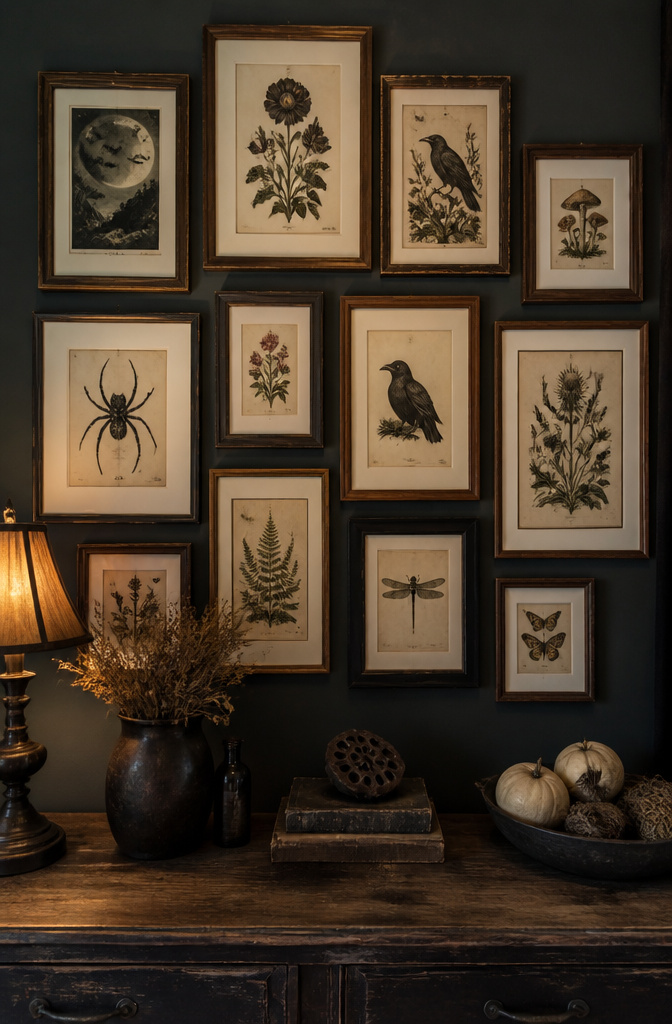 A gallery wall with vintage botanical prints and dark illustrations.