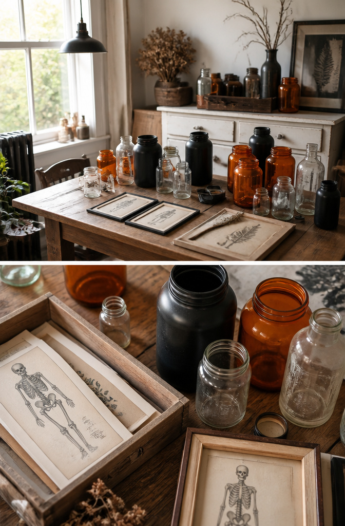 Thrift store glass jars spray-painted black for Halloween decoration.