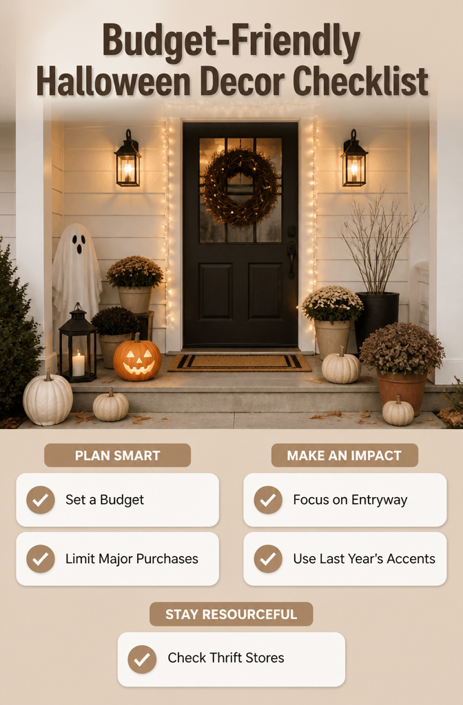 An organized checklist for budget-friendly Halloween decorations.