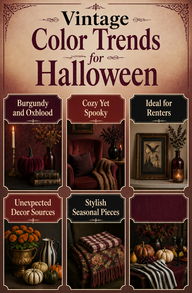 A collection of Halloween decor items in vintage color trends.