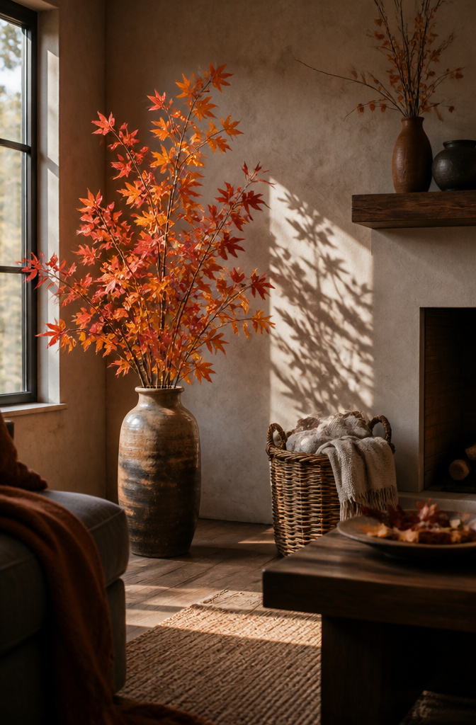 A vase of branches and leaves displayed on a table.