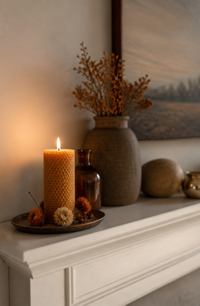 A single beeswax candle on a rustic tray with dried flowers.
