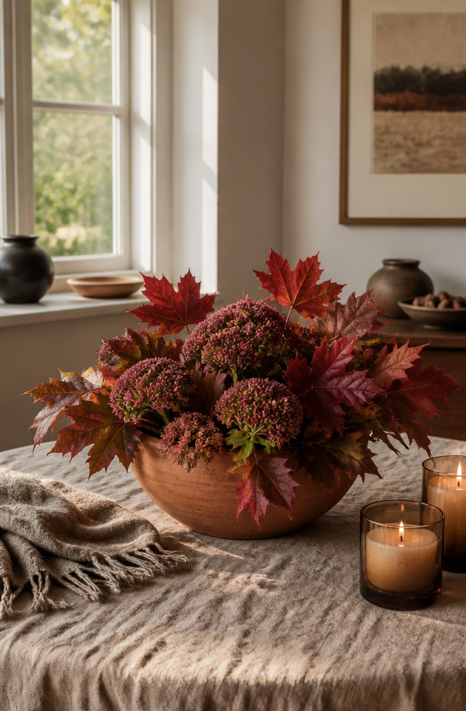 A wide terracotta bowl with dusky sedum and maple leaves.
