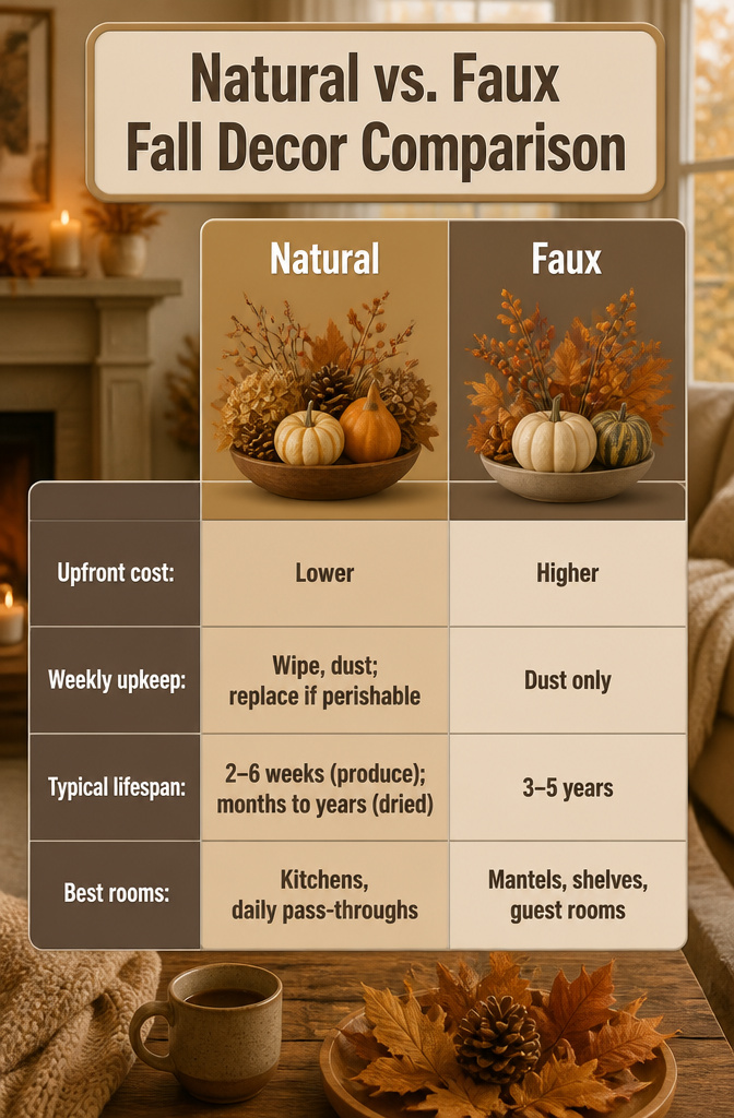 A chart comparing natural and faux fall decor.
