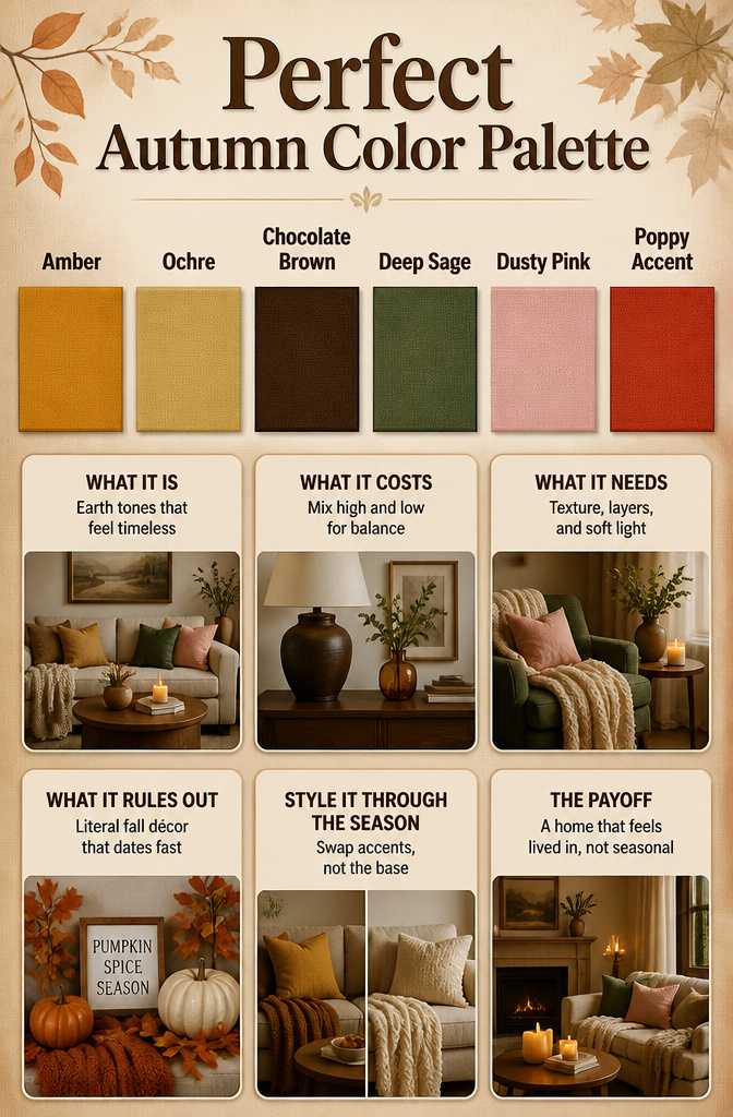 A color palette featuring amber, ochre, and sage hues.