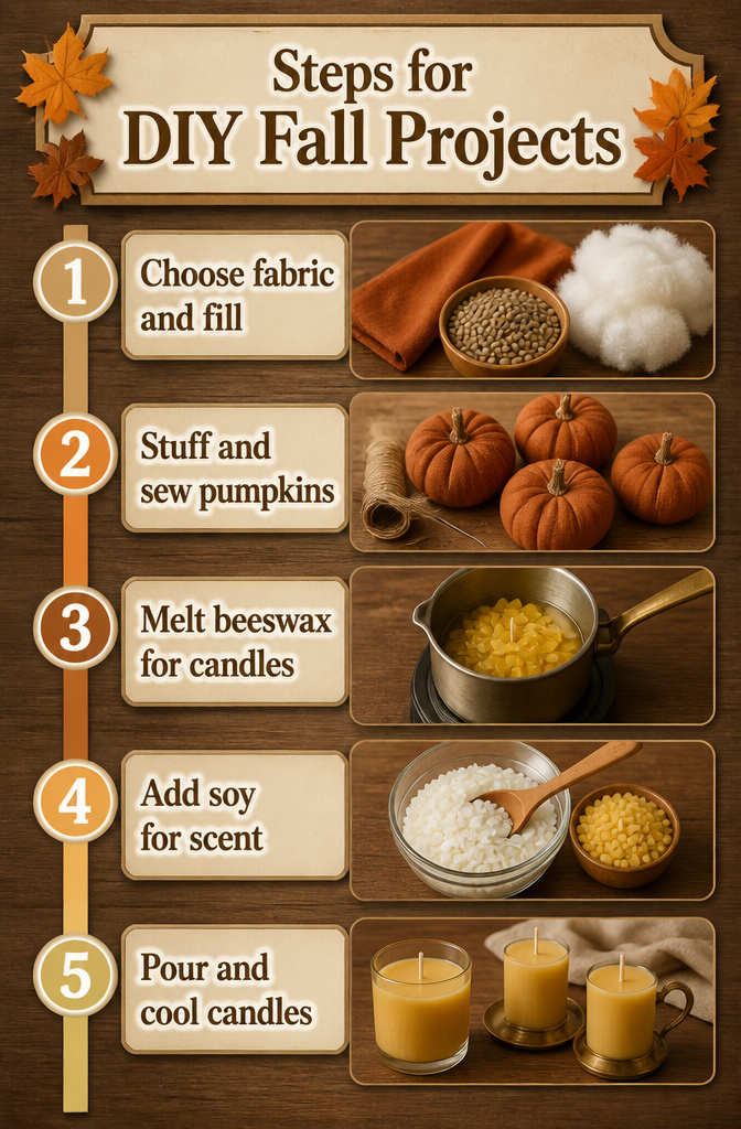 Steps for creating DIY fall projects, including fabric pumpkins.