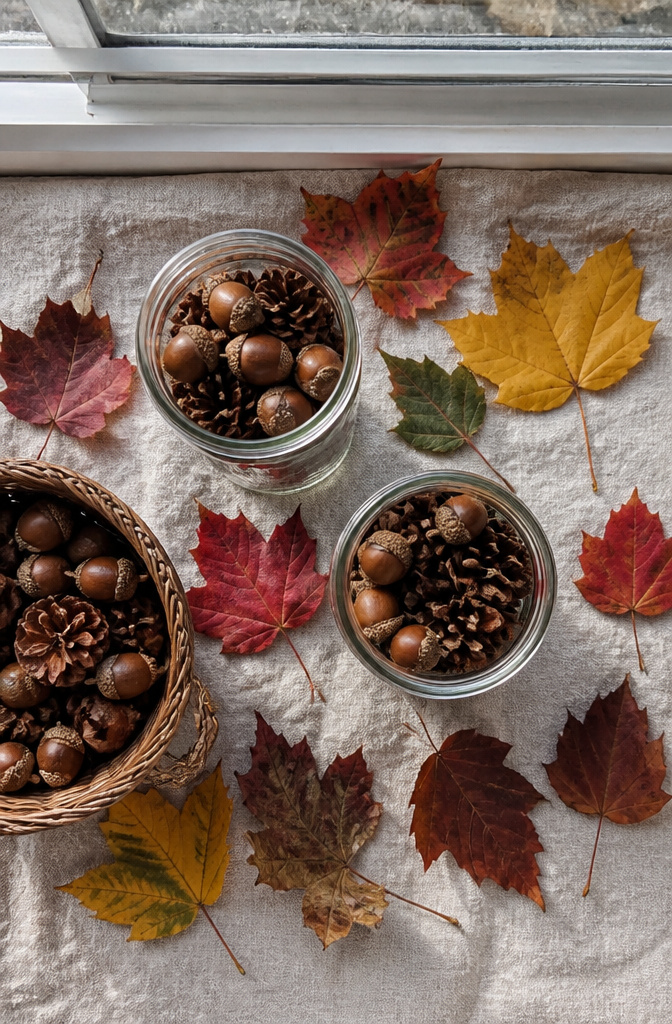 Mason jars filled with acorns and pinecones on a table.