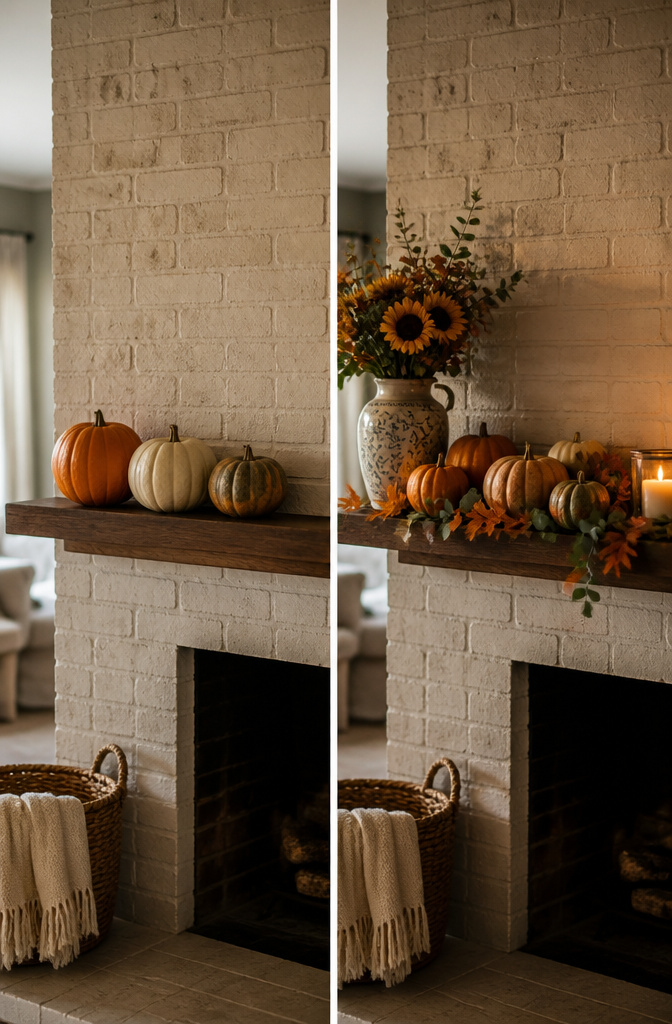 A collection of faux pumpkins displayed on a shelf.