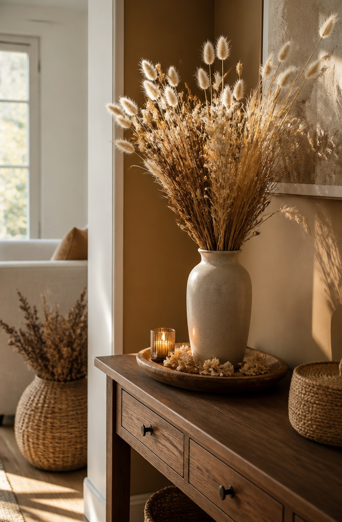A vase filled with dried flowers on a console table.